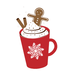 Tasse festive avec chocolat chaud et bonhomme en pain d'épice.