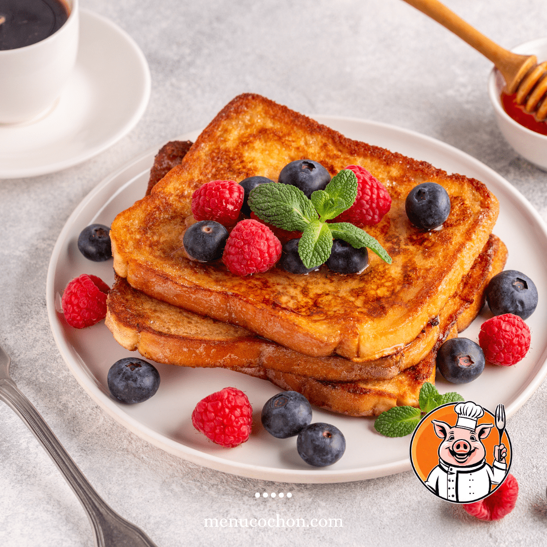French toast with fresh fruit and honey.