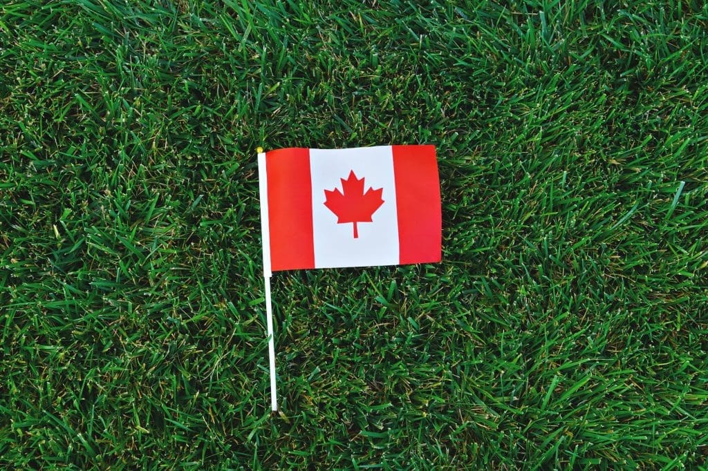 Produits Canadiens : "Produit du Canada" vs "Fait au Canada" Canadian flag on green grass background. Happy Canada day