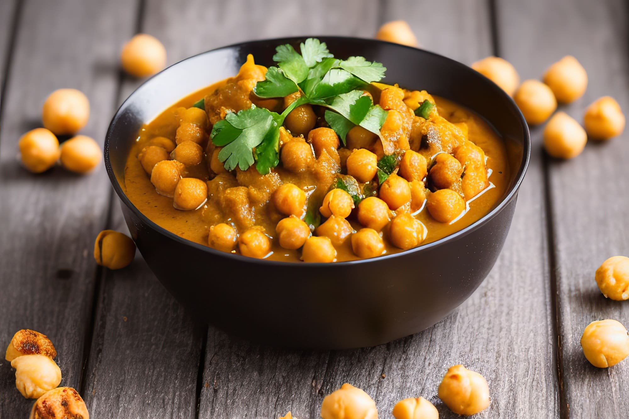 Chickpea dish with curry, cooked chickpeas with spices and herbs. Vegetarian food
