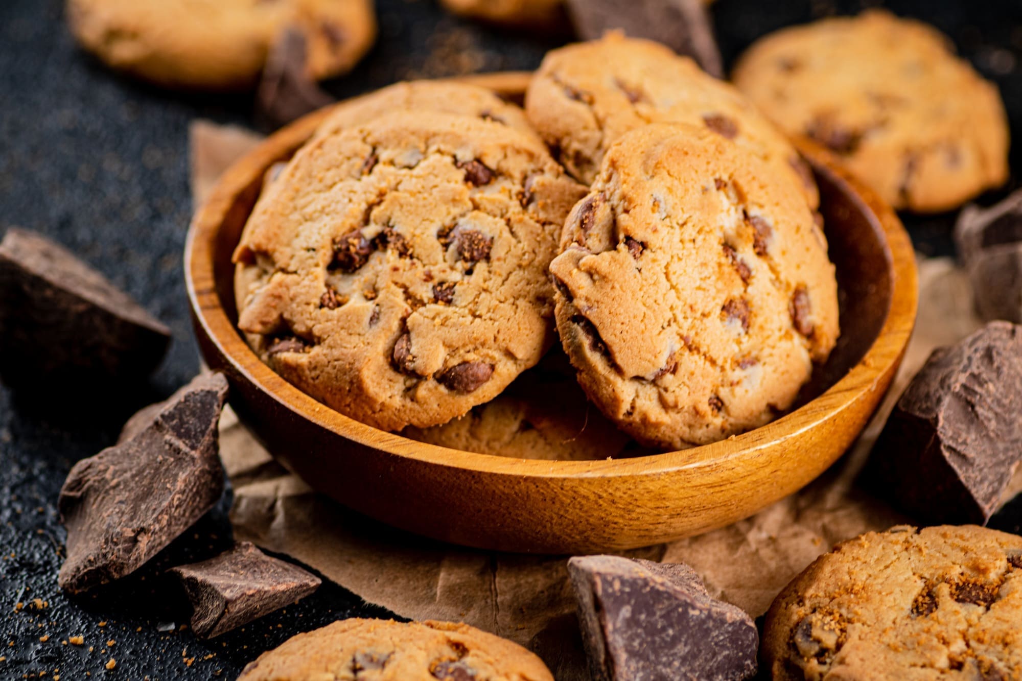 Delicious cookies with pieces of milk chocolate on a plate.